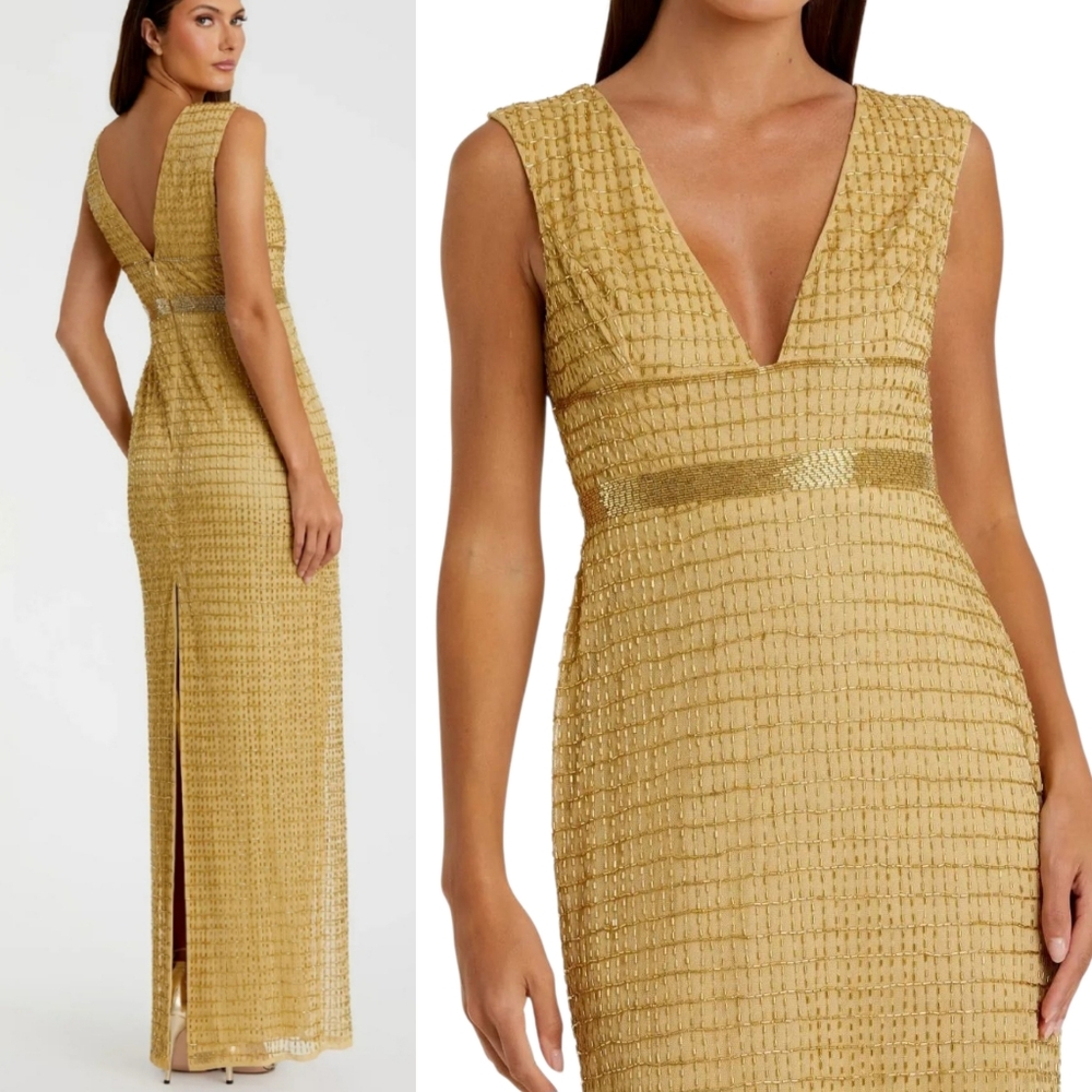 NWT Mac Duggal 5625 Gold Beaded Cap Sleeve V Neck Column Gown‎ Size 4 High Slit